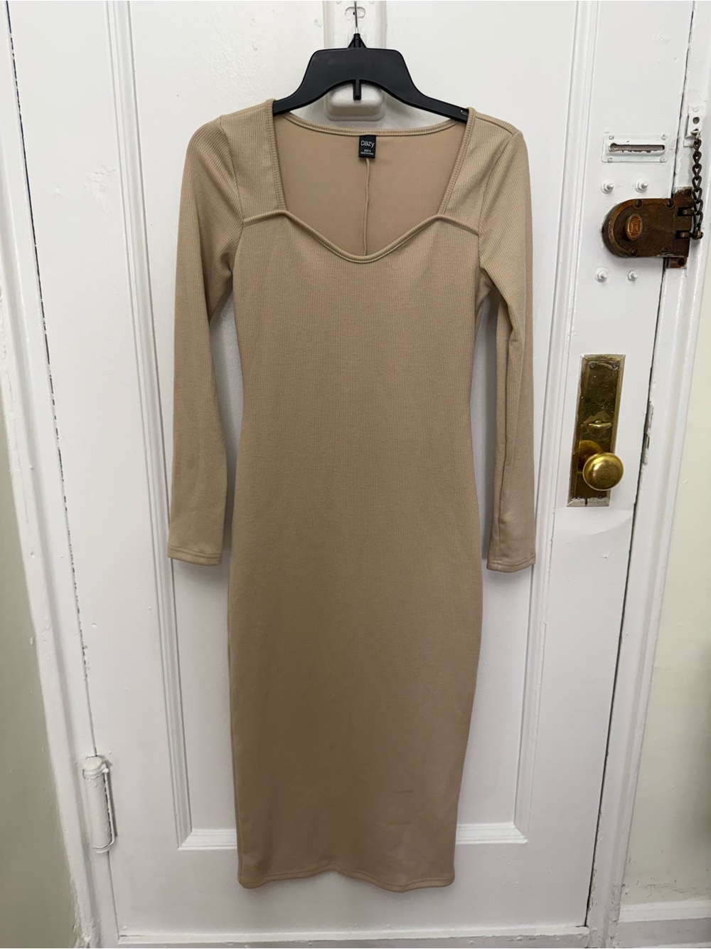 Dazy Beige Long Sleeve Ribbed Bodycon Midi Dress Size Small New